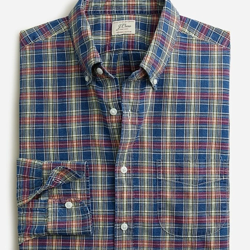 J. Crew Men's Organic Cotton Indigo Chambray Plaid Shirt XL
